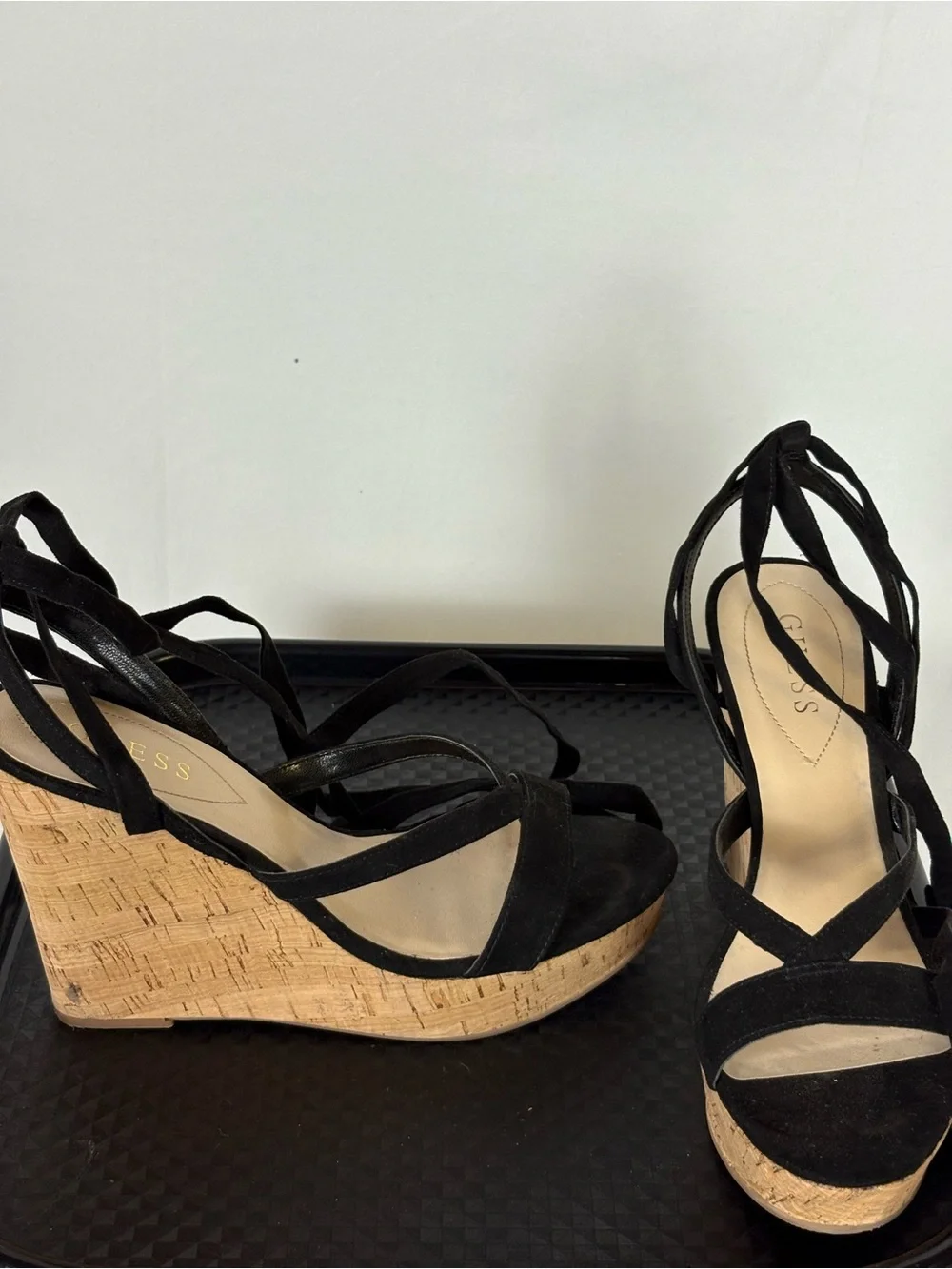 GUESS Black Fabric Lace-Up Cork Platform Wedges - Picture 2 of 9